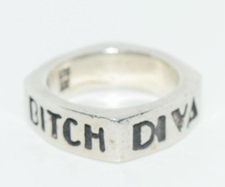 Sterling Silver Quote Goddess Ring sz 6: This Sterling silver size 6 ring is 6mm wide and is stamped JJ arche’ NO1 B and is engraved Goddess, Bitch, Diva & Queen.