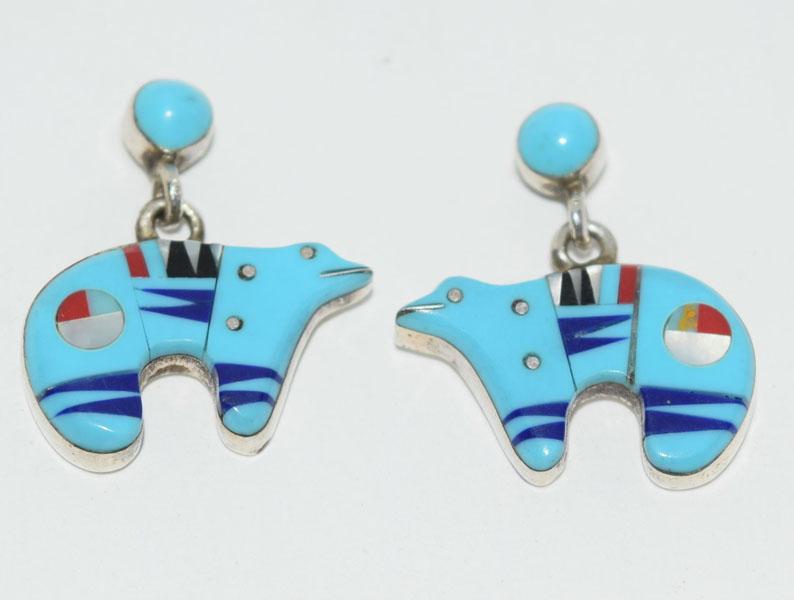 Vintage Sterling Native Zuni Bear Turquoise Earrings (1 of 4)