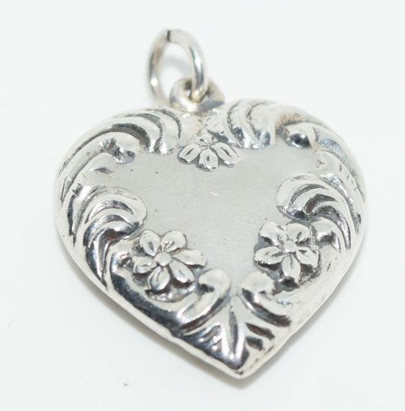 Sterling Silver Floral Design Heart Charm: This Charm Measures 19.8mm x 18 x 1.7mm.