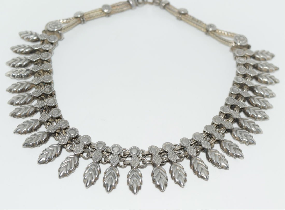 Rajasthani India Tribal Silver Necklace: Handmade by a master craftsman from Rajasthan, India. The necklace is tested and made of 925 silver with a double-layered wheat chain and hook clasp. It is 16.5 inches long. From: India, Rajasthan. We