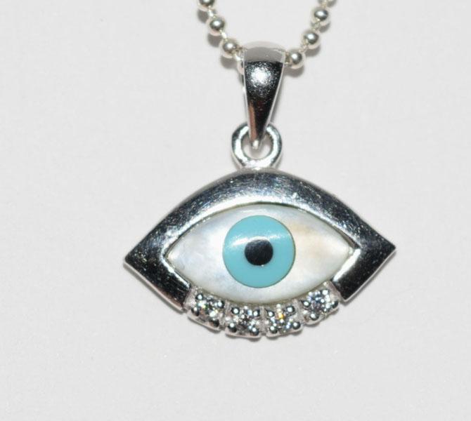 Sterling Silver MOP Evil Eye Necklace: This Sterling Silver Pendant measures 19.8mm with a 21.3mm drop with a MOP and enamel evil eye with accent stones on a 15.75” ball chain.