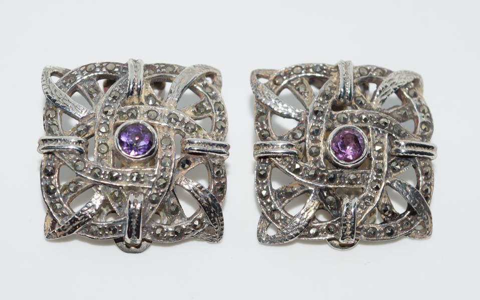 Sterling Marcasite & Amethyst Clip-on Earrings: Sterling silver marcasite and amethyst clip-on earrings | Measurement: 22.7mm diameter | Weight: 12.7 grams
