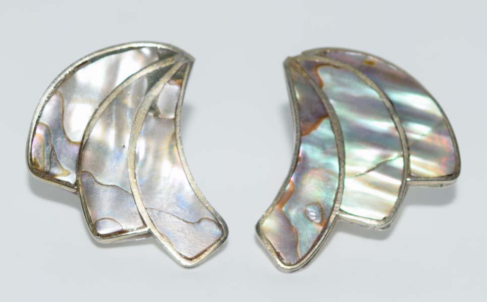 Signed Mexico Sterling Abalone Screw Back Earrings (1 of 4)