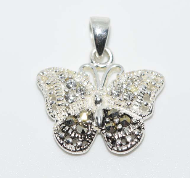Sterling Marcasite & CZ Butterfly Pendant: Sterling silver marcasite and cubic zirconia butterfly pendant | Measurement: 18.8mm drop, 16mm width