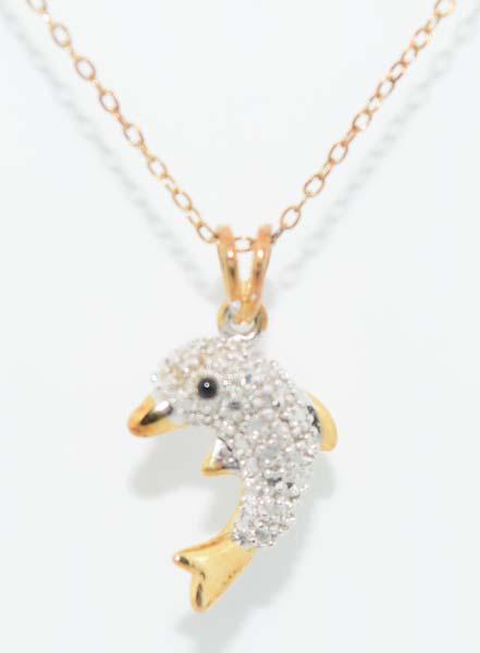 Gold Over Sterling Diamond Chip Dolphin Necklace: Gold over sterling silver dolphin pendant necklace with a single diamond chip | Measurement: 18.5” length, 22mm pendant drop