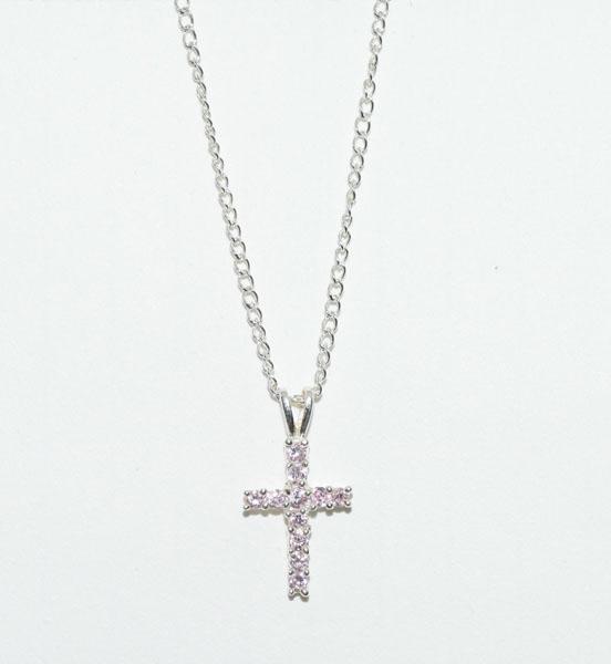 Sterling Silver Pink Stone Cross Necklace: This Cross Pendant measures 9.8x 18.7mm on a 15.5inch chain.