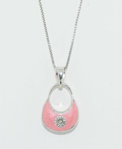 Sterling Silver Pink Enamel Purse Necklace: This Necklace measures a 16mm wide with pink enamel Purse & marcasite with a 27.7mm drop on a 20inch box chain.