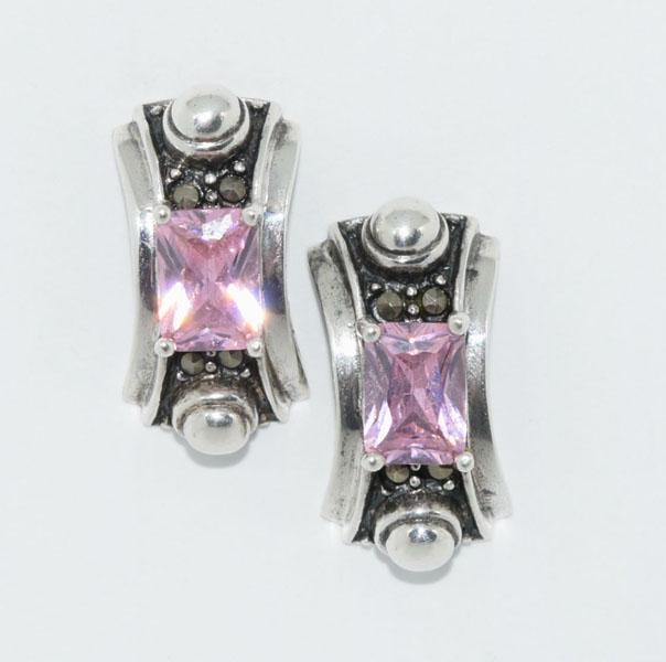 VTG Sterling Pink Stone Post Earrings: These earrings have a 7 x 5mm Pink Stone, Marcasite accents & measures 9.6mm wide with a 16.7mm drop.
