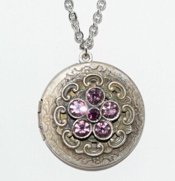 Express Fashion Rhinestone Locket Necklace: This Locket measures 31mm round on an 18inch chain with purple beads & rhinestones.