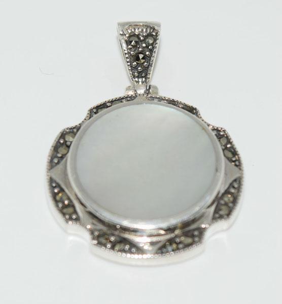 VTG Sterling Marcasite & MOP Circle Pendant: This pendant measures 25mm round with a 36.5mm drop & stamped TH-925.