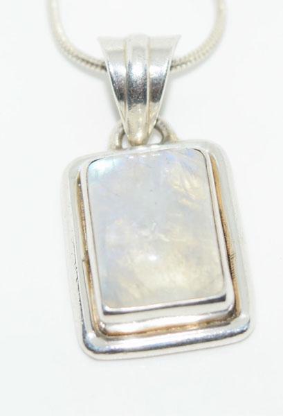 Sterling Silver Rectangle Moonstone Necklace: This snake chain is 16-18 inches long with a 14.6mm with a 28.6mm drop pendant with a 9.5 x 13.2mm moonstone & stamped 925 Italy.
