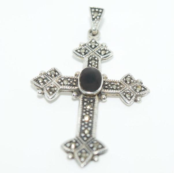Sterling Silver Marcasite & Onyx Cross Pendant: This pendant measure’s 27.8mm x 44.5mm & stamped 925 CSJ.