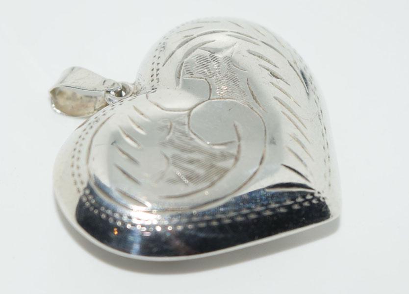 Vintage Sterling Etched Bubble Heart Pendant: This pendant measure’s 36.8 x 37.1 x 10.5mm & is stamped sterling SU.