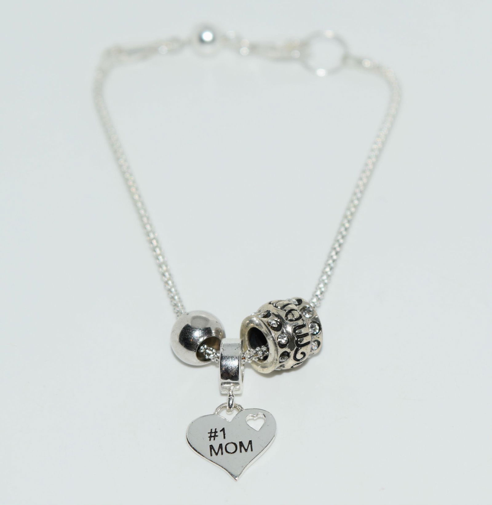 Sterling Rhinestone Heart Charm MoM Bracelet (1 of 4)