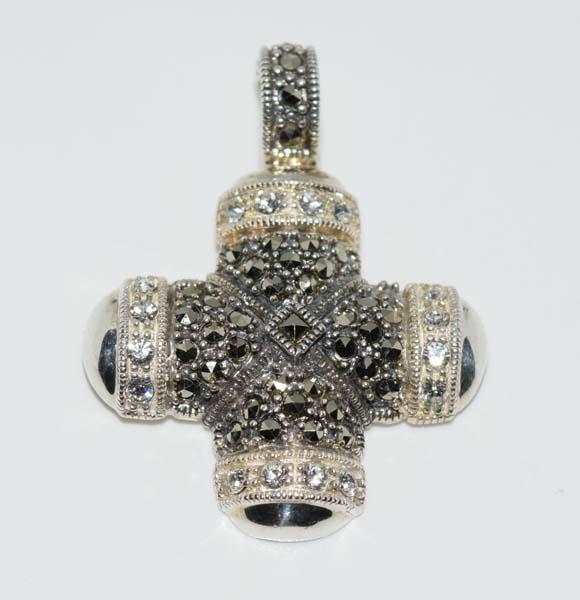Sterling Marcasite & CZ Cross Pendant: Sterling silver marcasite and cubic zirconia pendant | Measurement: 40mm drop, 30.6mm width