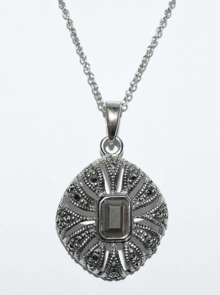 Sterling Silver Marcasite Necklace: Sterling silver marcasite pendant necklace | Measurement: 17.5” length, 30mm pedant drop, 19mm width