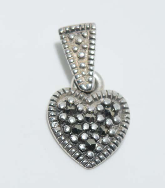 Sterling Silver Marcasite Heart Pendant: Sterling silver marcasite heart pendant | Measurement: 19mm drop 10.2mm width