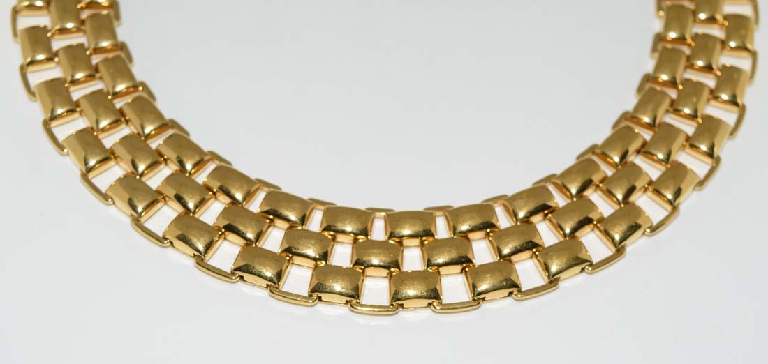 Monet Gold Tone Necklace: Monet wide gold tone necklace | Measurement: 16” length, 24mm width