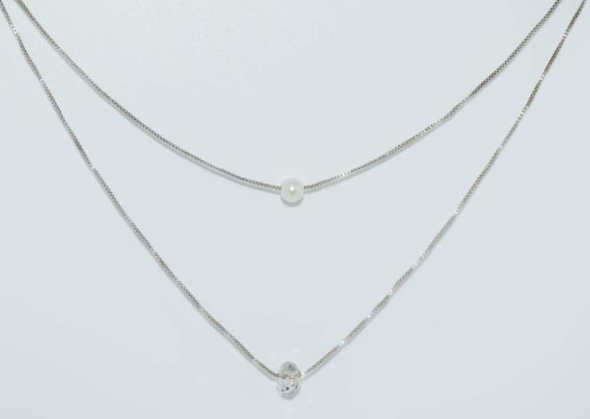 Silver Tone Double Chain Necklace: Silver tone double chain necklace with beads | Measurement: 15.5” & 18” length