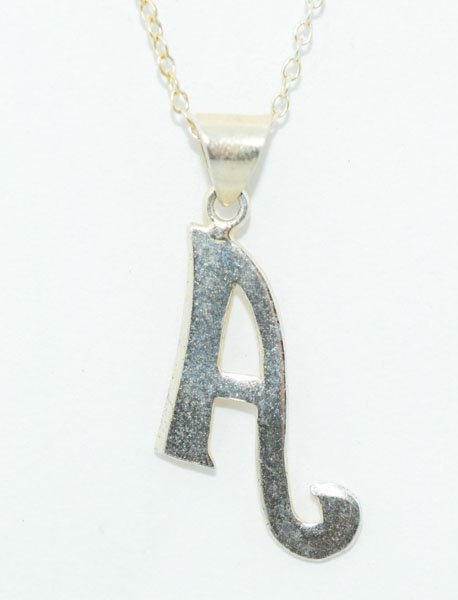 Sterling Silver Initial A Necklace: This pendant measure’s 13.6mm wide with a 26.7mm drop on an 18inch chain & stamped 925.