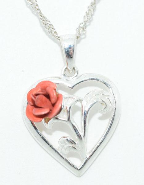 Sterling Silver 3D Rose Heart Necklace: This pendant measure’s 23.2mm wide with a 16.5mm drop on a 20inch chain & stamped 925 Su CH KA 1772.
