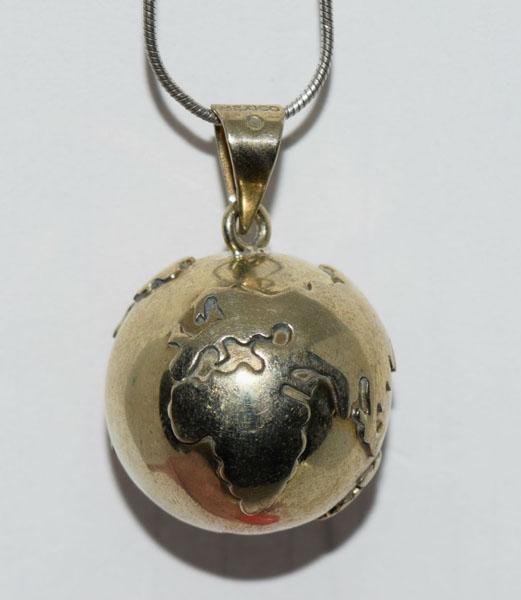 Mexico Nickel Globe Chime Sterling Necklace: This chime measures 24.7mm round with a 35.5mm drop on a 24inch snake chain 925 & stamped SW Nickel Mex.
