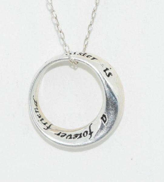 Sterling Silver Circle Ribbon Sister Necklace: This pendant measures 15mm round & says A sister is a forever friend on a 20inch chain & stamped 925 LA.