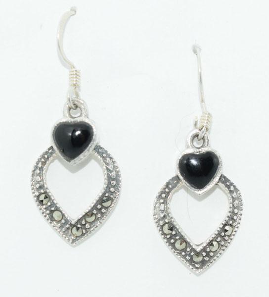 Sterling Marcasite Heart Drop Earrings: These earrings measure 13.3mm wide with a 33mm drop & stamped 925 OW.
