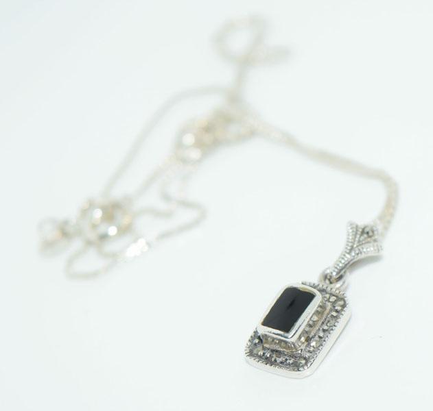 Sterling Silver Onyx & Marcasite Rectangle Necklace: This pendant measure’s 9.2mm wide with a 20.5mm drop on a 20inch box chain & stamped 925.