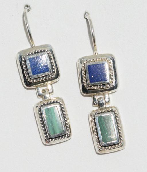 Sterling Malachite & Lapis Rope Design Hinged Earrings: These earrings measure 9.5 x 33mm & stamped 925 LT Thailand.