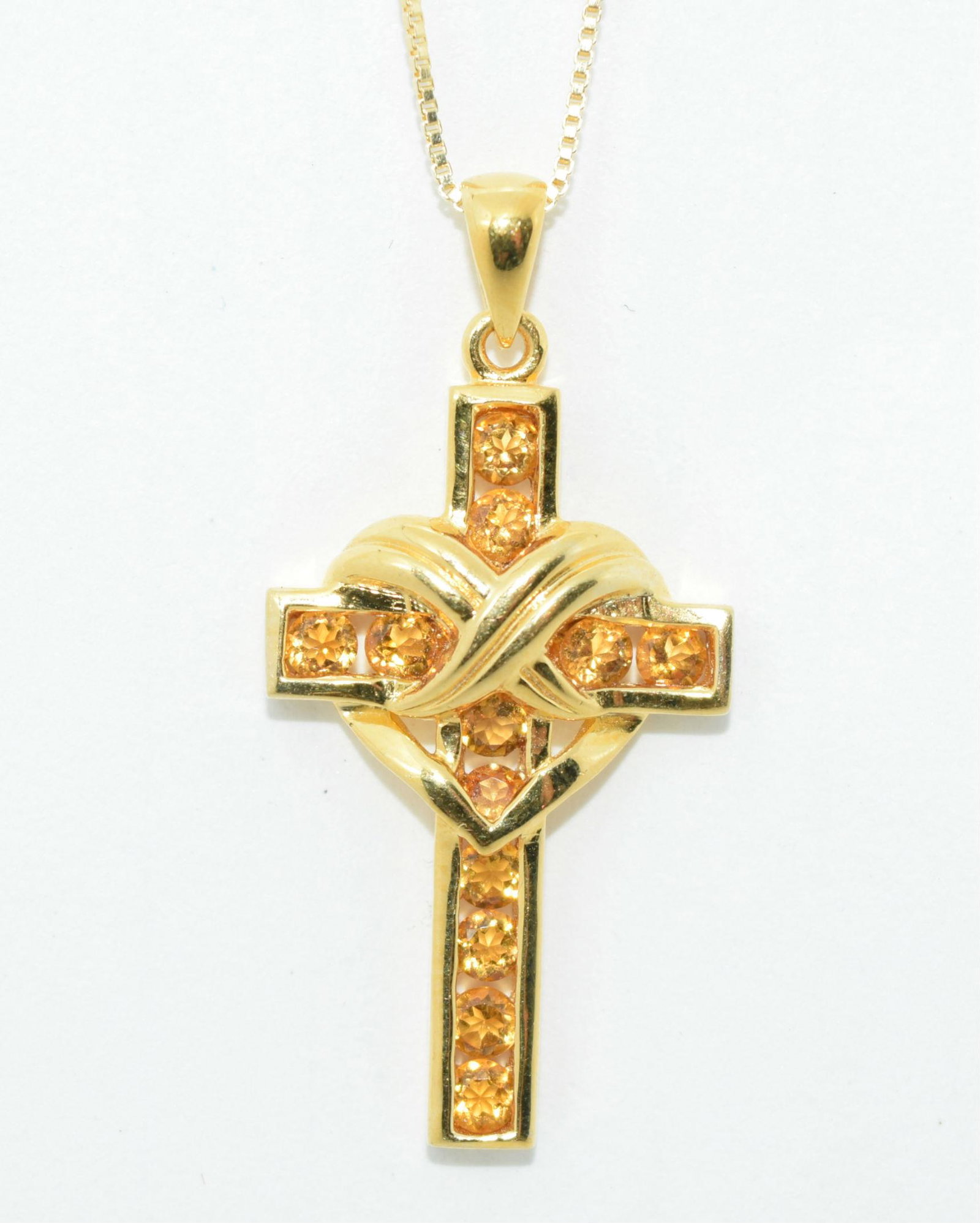 Gold over Silver Citrine Heart Cross Necklace: This pendant measure’s 16.5mm wide with a 34mm drop on a 24inch box chain & stamped 925 unknown makers mark.
