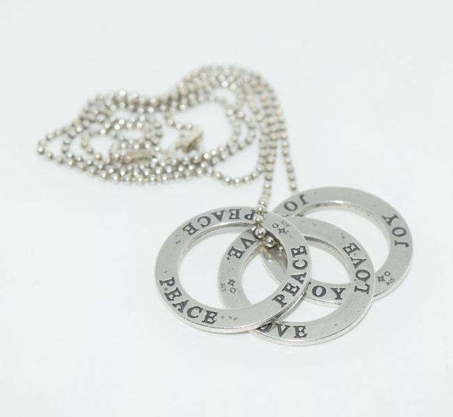 Sterling Silver Love Peace Joy Circle Necklace: These charms measure 22.5mm round on a 20inch ball chain & stamped 925 Italy & unknown makers mark.