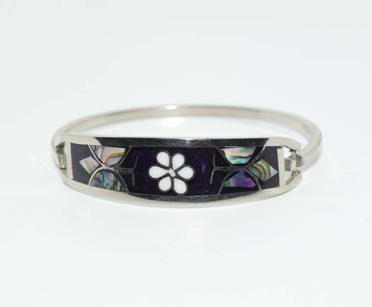 Mexico Abalone Floral Design Hinged Bangle: This bracelet measureÂ’s 14.5mm wide face with a 2.30inch diameter weighs 15.35grams