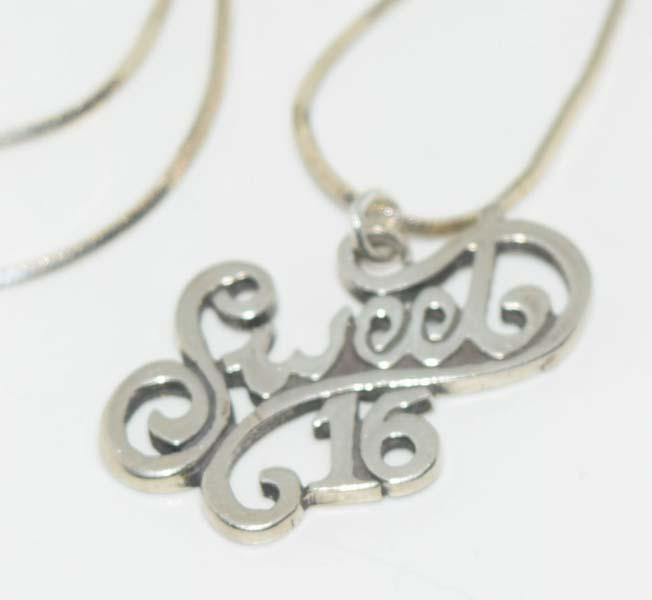 Sterling Silver Scroll Sweet 16 Necklace: This pendant measures approx. 24.7mm wide with a 15mm drop on an 18inch snake chain & stamped Sterling 925.