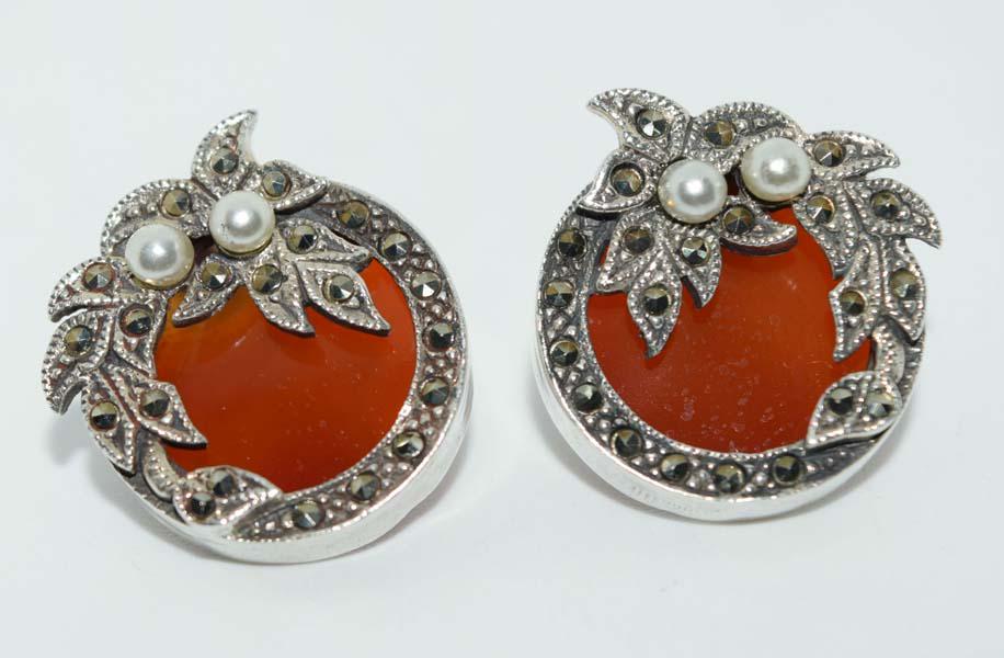 Vintage Sterling Carnelian & Marcasite Earrings: These earrings measure 19.3 x 18.2mm with faux pearl & marcasite accents & Polished Carnelian back drop & stamped 925.