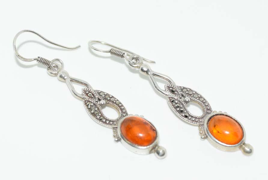 Vintage Sterling Marcasite Amber Drop Earrings: These earrings measure 10mm wide with a 53mm drop & stamped 925.