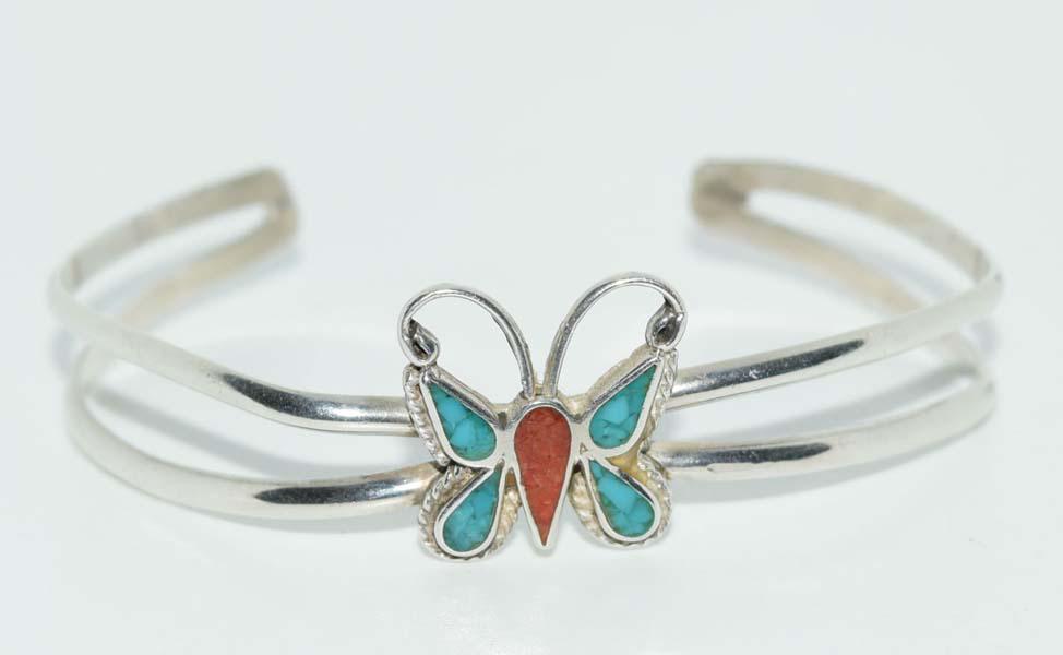 Sterling Crushed Turquoise & Coral Butterfly Cuff (1 of 5)