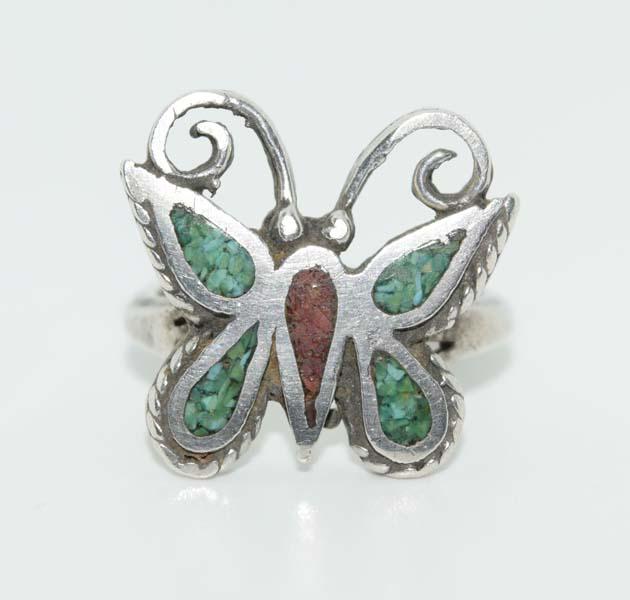 Sterling Crushed Turquoise & Coral Ring sz 6.5 (1 of 4)