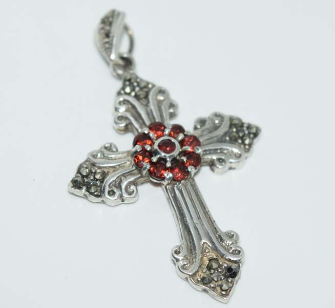Sterling Garnet & Marcasite Fancy Design Cross: This pendant measures 31.6mm wide with a 53mm drop with tested 925 WT with Tested Garnets.