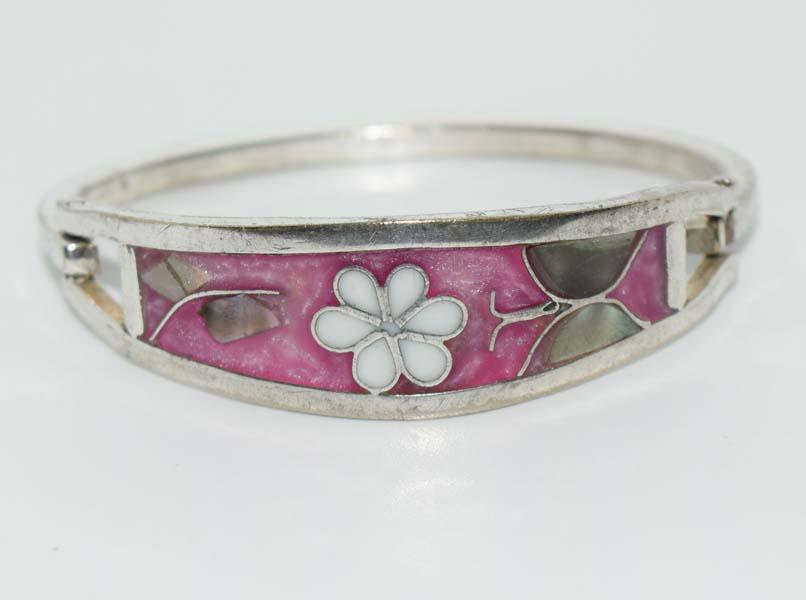 Alpaca Abalone Floral Design Hinged Bangle (1 of 3)