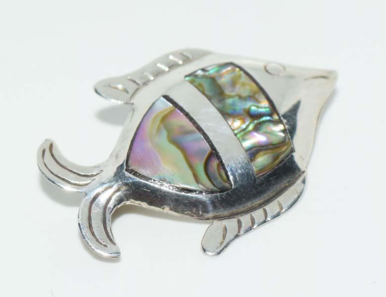 Mexico Sterling Abalone Fish Brooch: This brooch measures 32 x 22.5mm & stamped Taxco Mexico 925.