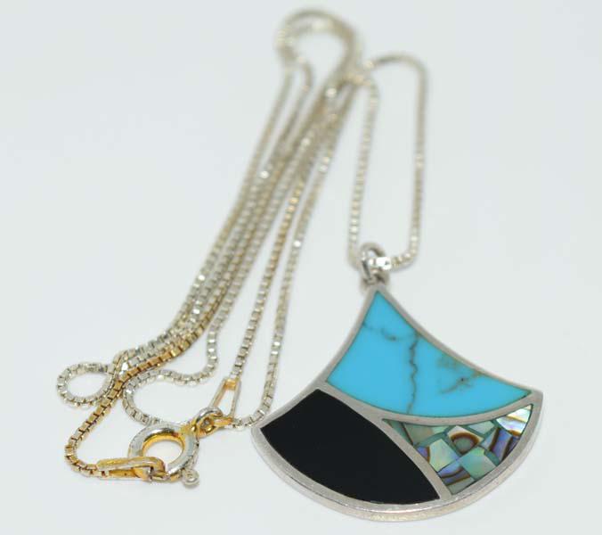 Sterling Turquoise Abalone Inlaid Necklace: This pendant measures 23.5mm wide with a 28.5mm drop on a 16inch box chain & stamped 925.
