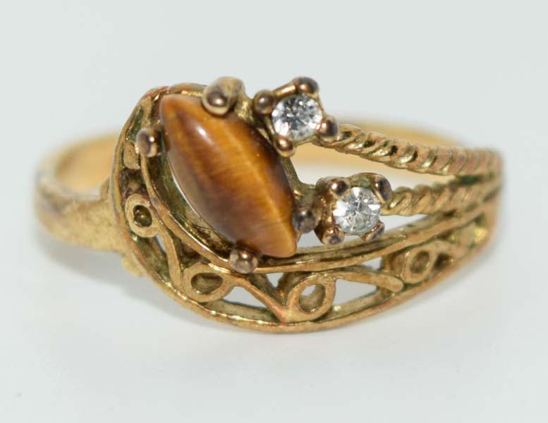 Vintage Tigers Eye & Rhinestone Ring Sz7.5 (1 of 4)