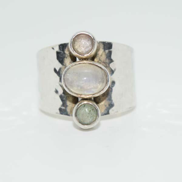 Sterling Moonstone Hammered Wide Ring Sz7: This ring measures 13mm at widest weighs 7.5grams a size7 & stamped 925.