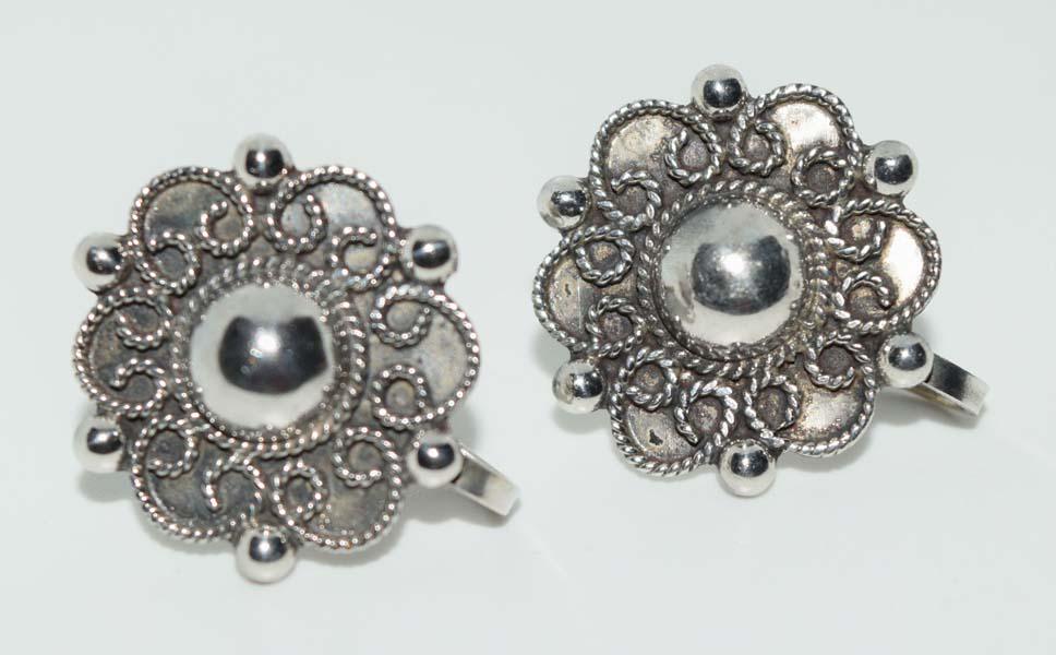 Mexico Silver Dome Flower Screw Back Earrings (1 of 3)