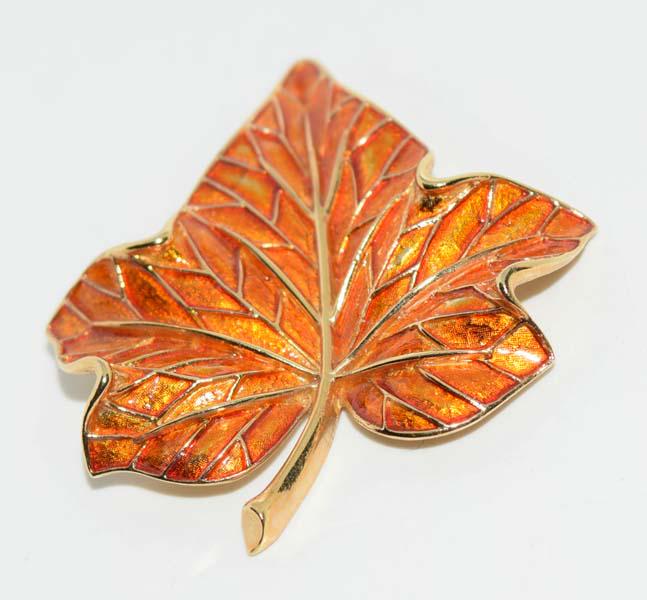 Vintage Costume Enamel Fall Leaf Brooch: This brooch measures 50mm x 2.11inch & stamped Trifari.
