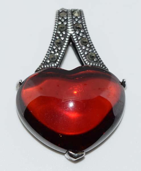 Sterling Silver Marcasite Cabochon Heart Pendant: Measurement: 30.3mm drop, 20.8mm width | Weight: 11 grams | Stamp: 925