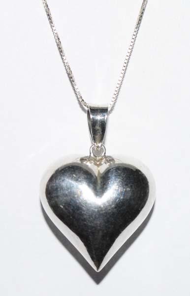 Sterling Silver Puffy Heart Necklace: Measurement: 17 inch length, 31.5”mm pendant drop, 22mm width | Weight: 4.7 grams | Stamp: 925