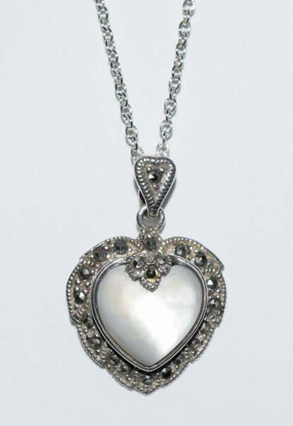 Sterling Silver MOP & Marcasite Heart Necklace: Measurement: 18 inch length, 29mm pendant drop, 19mm width | Weight: 5.5 grams | Stamp: 925