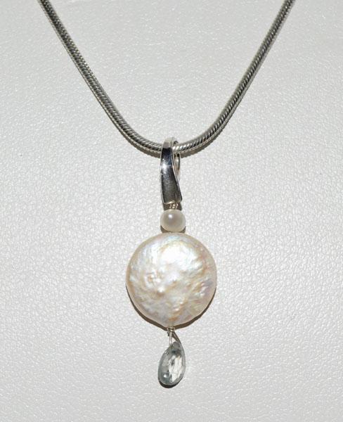 Sterling Silver Pearl Drop Necklace: This pendant measures 11.8mm round with a 1.28inch drop on an 18inch snake chain weighs 7.4 grams & stamped 925 Italy.